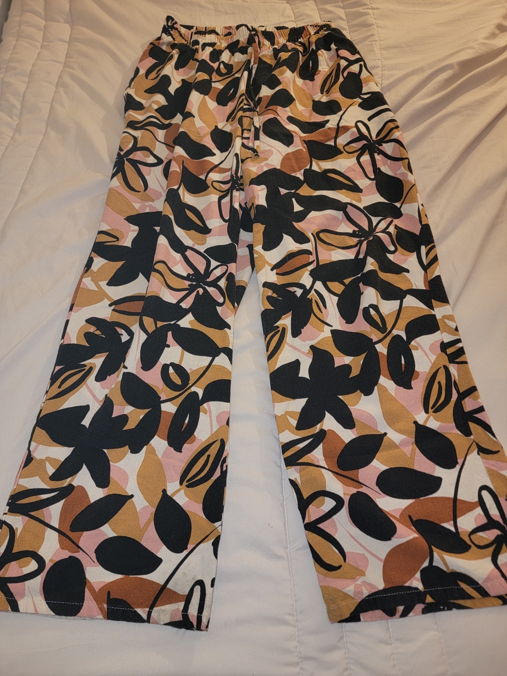 Floral Print Wide-Leg Pants - Black, Pink & Tan